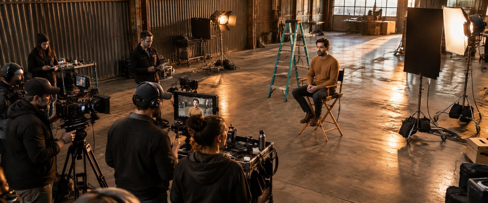 Film crew collaborating on a warehouse studio shoot