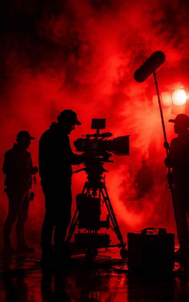 Film crew silhouetted against dramatic red light