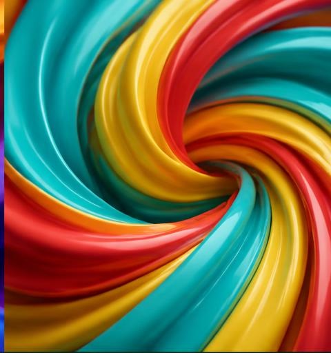 Sculptural ribbons of cyan, red and gold