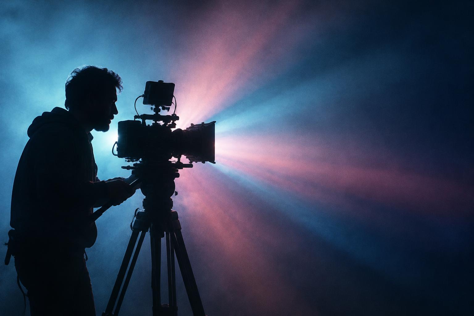 A filmmaker beneath sweeping blue and magenta light