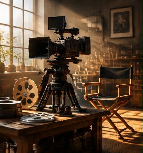 Professional cinema camera in a sunlit film studio