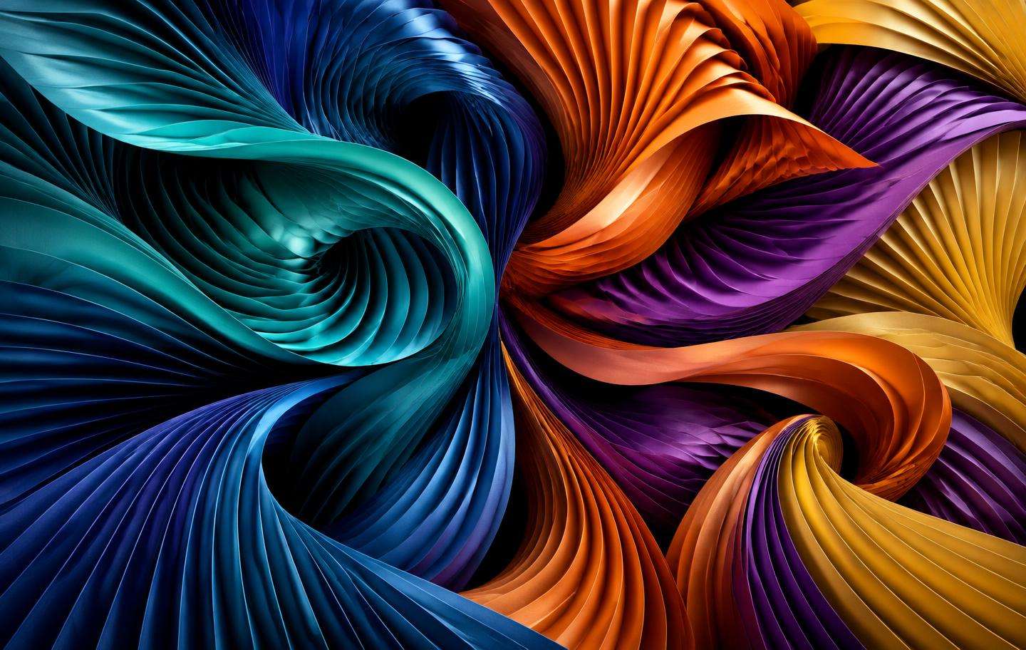 Intricate pleated waves of teal, copper, purple and gold