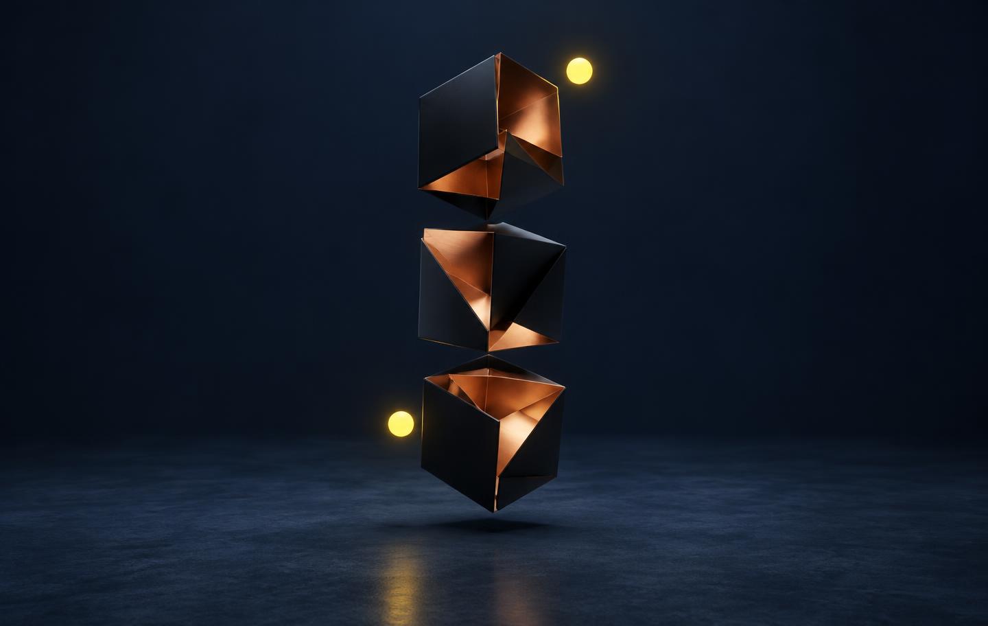 Floating dark cubes, copper shapes and luminous yellow spheres