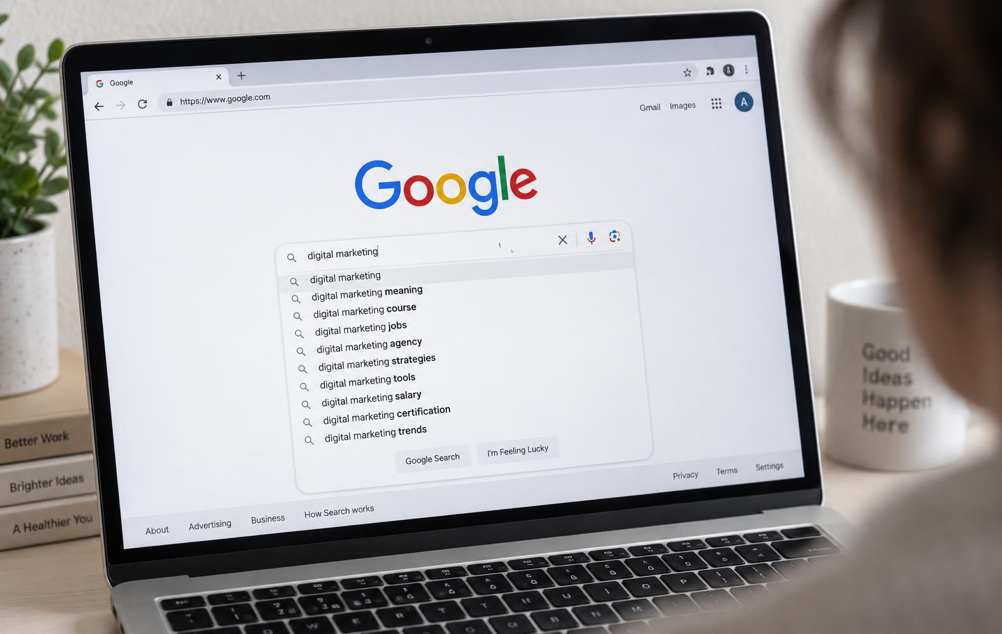 Laptop with Google search and suggestions on its screen